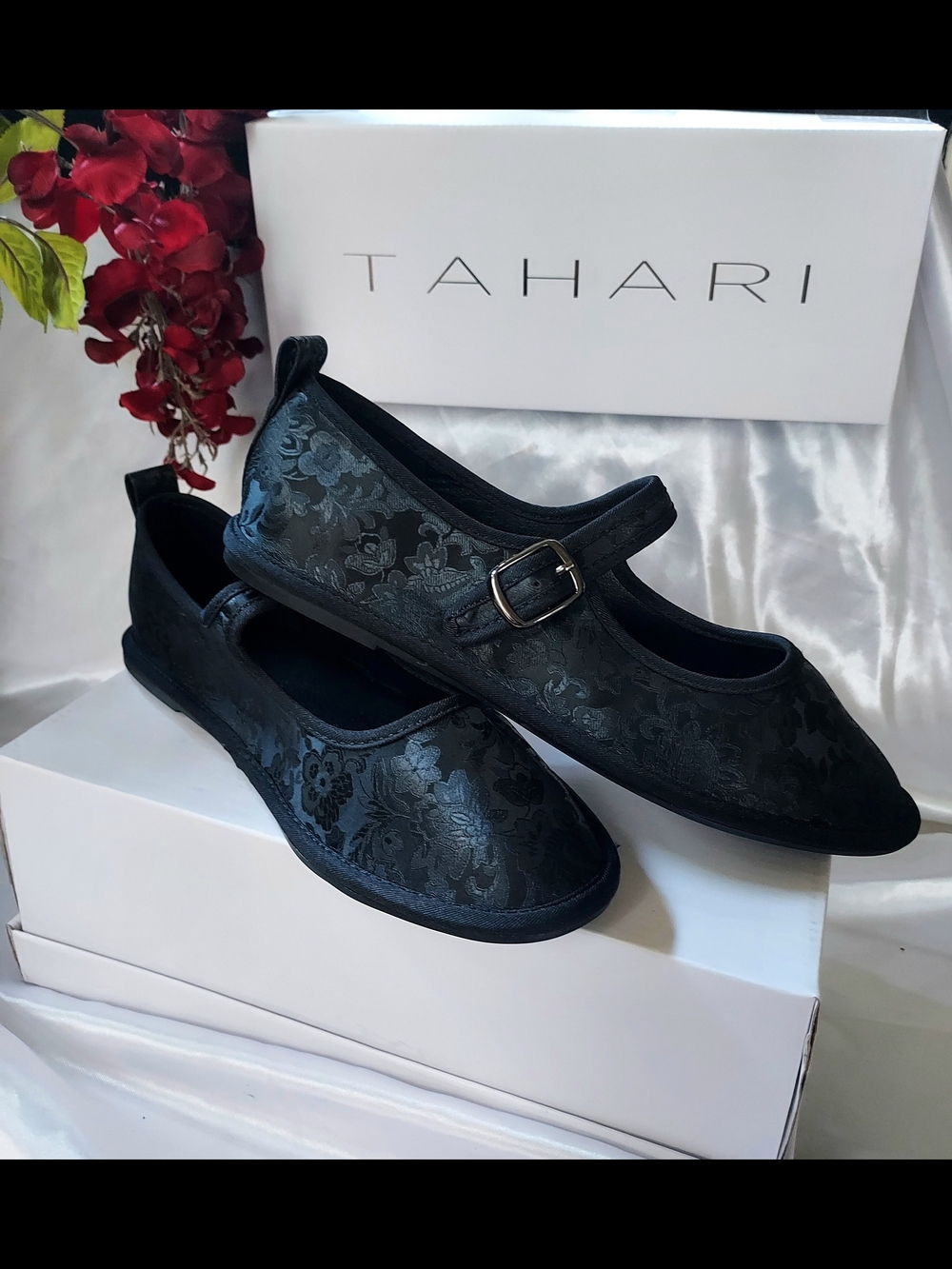 Tahari Black Floral Jacquard Mary Jane Flats